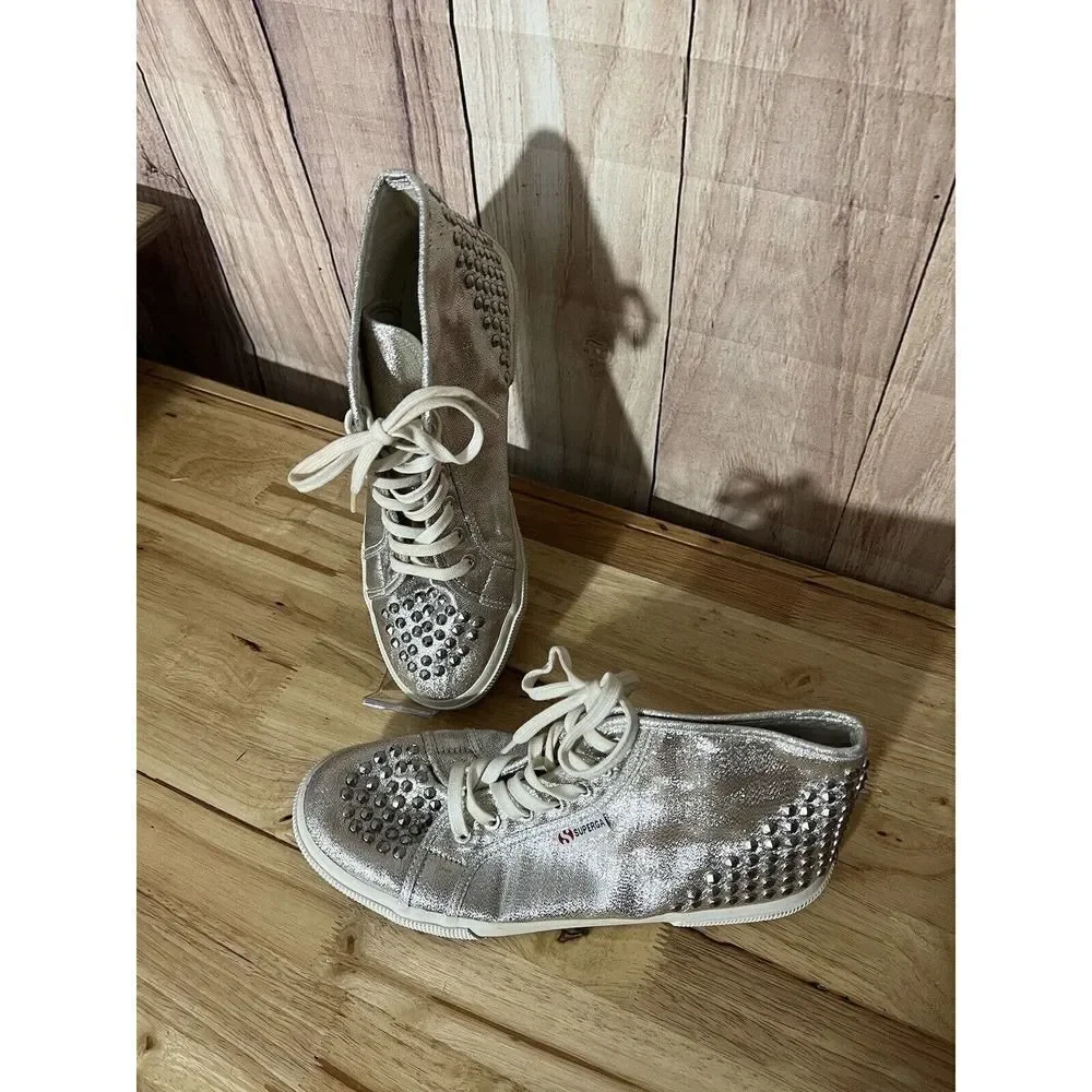 Superga Womens 9 US High Tops Silver Glitter Studded lace up